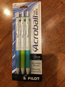 Pilot® Acroball Pure White Pen, .7mm, Black Hybrid Ink, Blue/Lime/Turquoi NEW - 1Solardeals