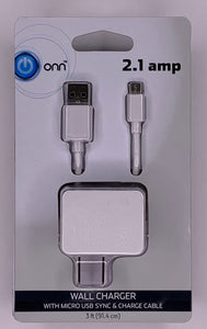 Onn 2.1 amp Wall Charger With Micro USB Sync Charger Cable White 3FT - 1Solardeals