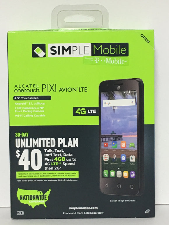 Simple Mobile📱Alcatel☝️OneTouch Pixi Avion 4G LTE PrePaid Unlimited NationWide Cell Phone - 1Solardeals