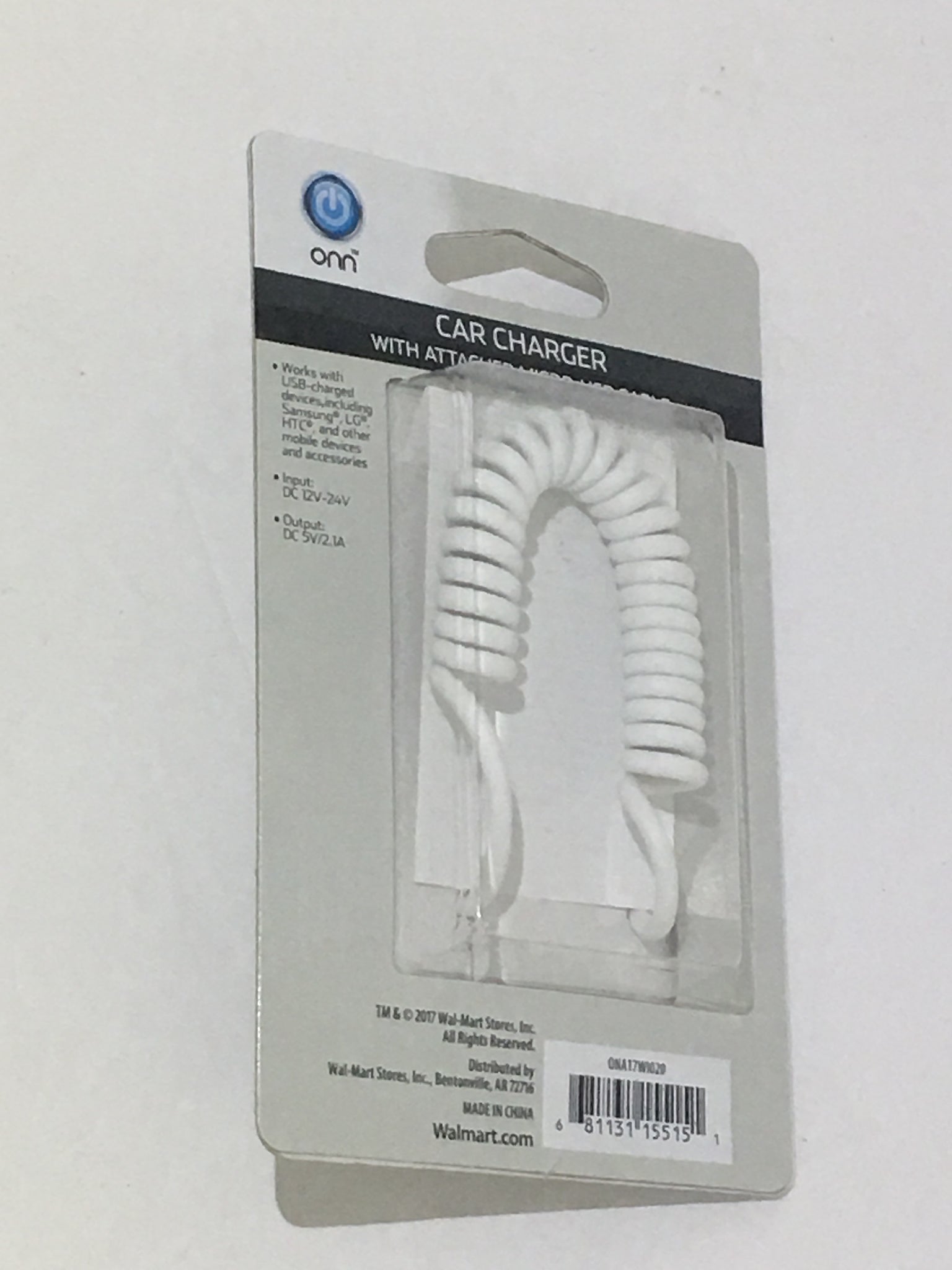 Onn 2.1 Car Charger Attached Micro USB Cable 3 Ft White Samsung LG HTC Mobile Devices - 1Solardeals