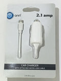 Onn 2.1 Car Charger Attached Micro USB Cable 3 Ft White Samsung LG HTC Mobile Devices - 1Solardeals
