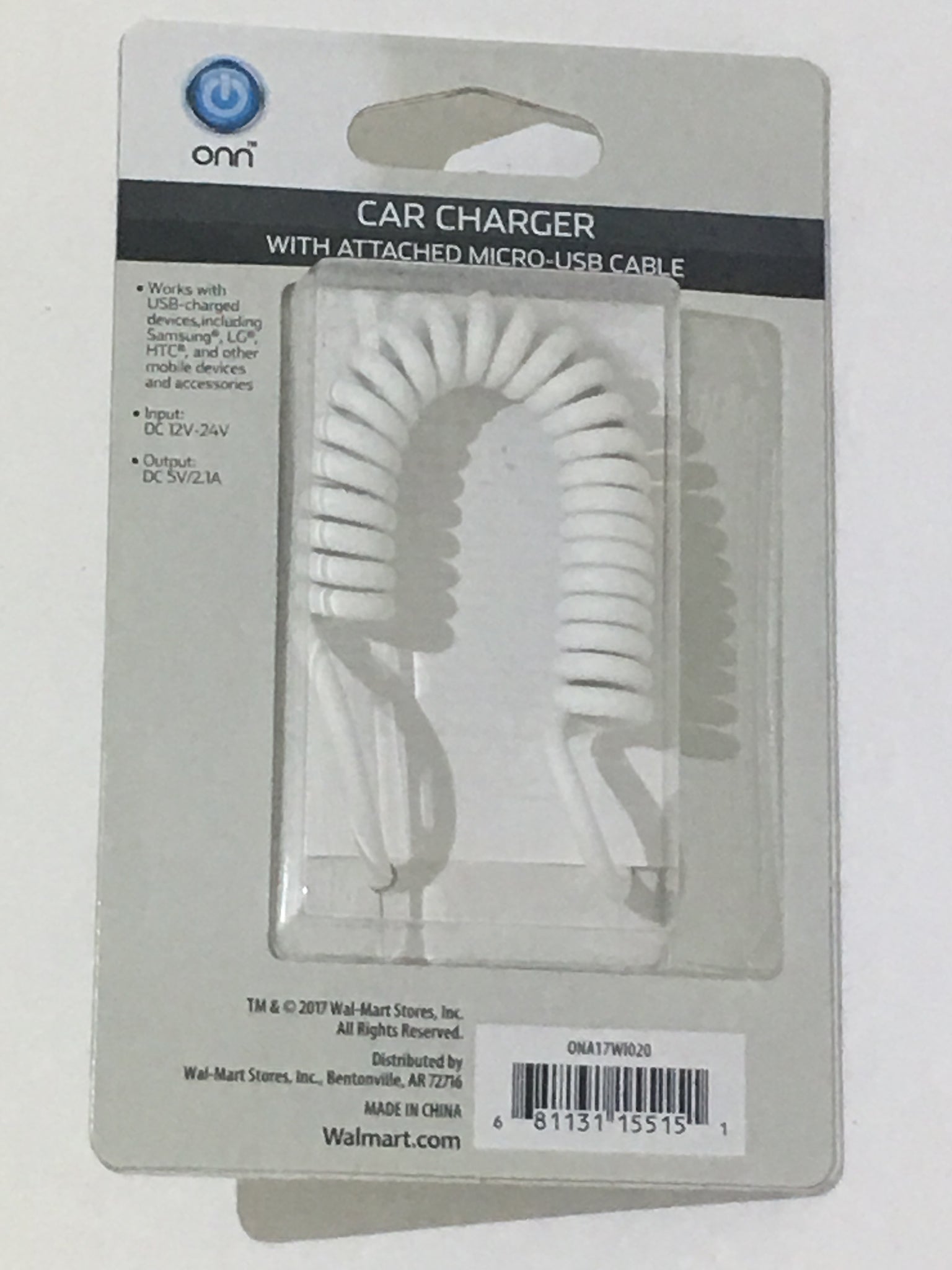 Onn 2.1 Car Charger Attached Micro USB Cable 3 Ft White Samsung LG HTC Mobile Devices - 1Solardeals
